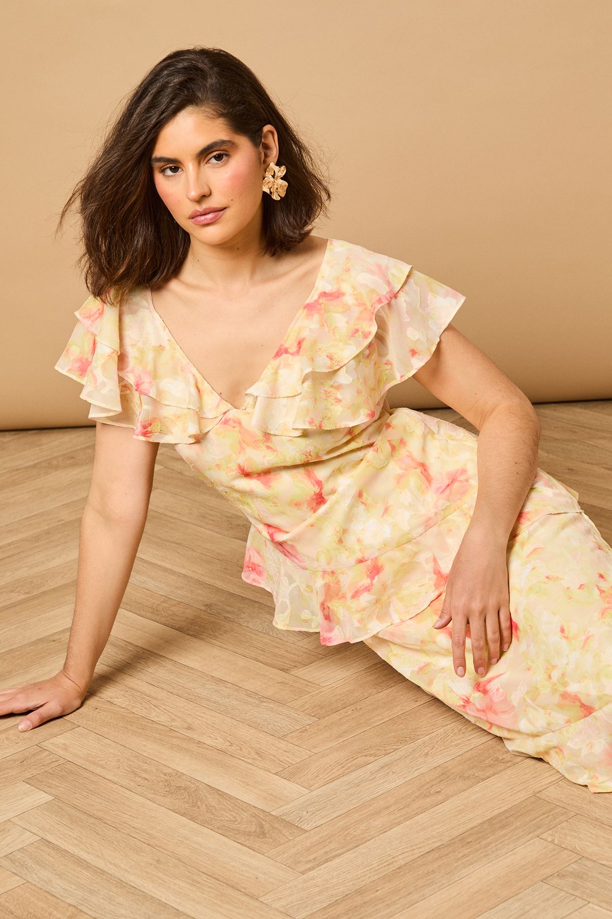 Oasis Ruffle Sleeve Jacquard Midi Dress Yellow image 1