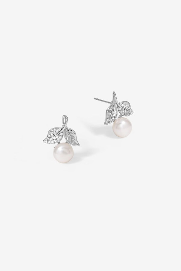 Jon Richard Rhodium Plated Leaf Cubic Zirconia And Pearl Earrings