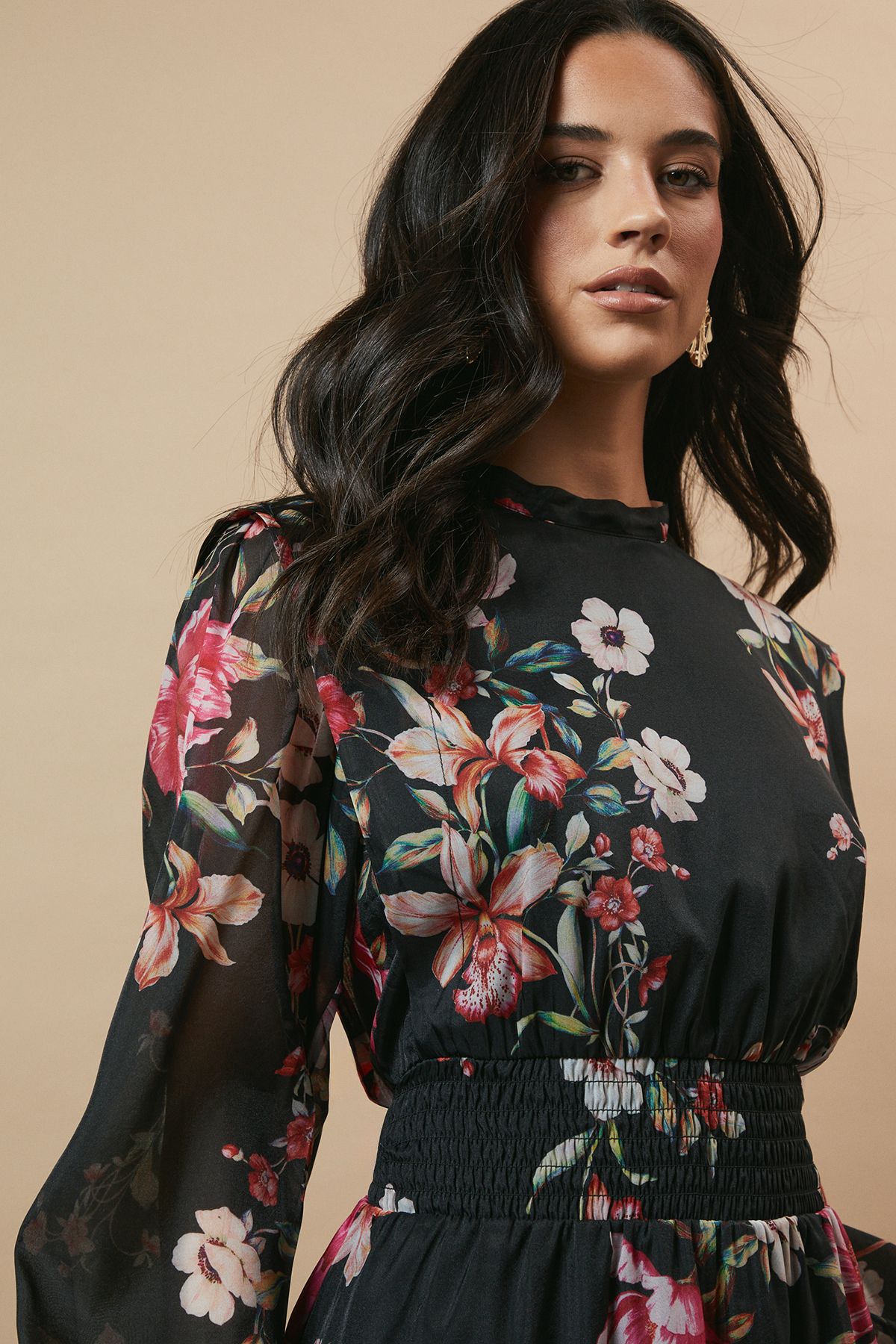 Oasis Floral Organza Shirred Waist Tie Back Midi Dress Black image 4