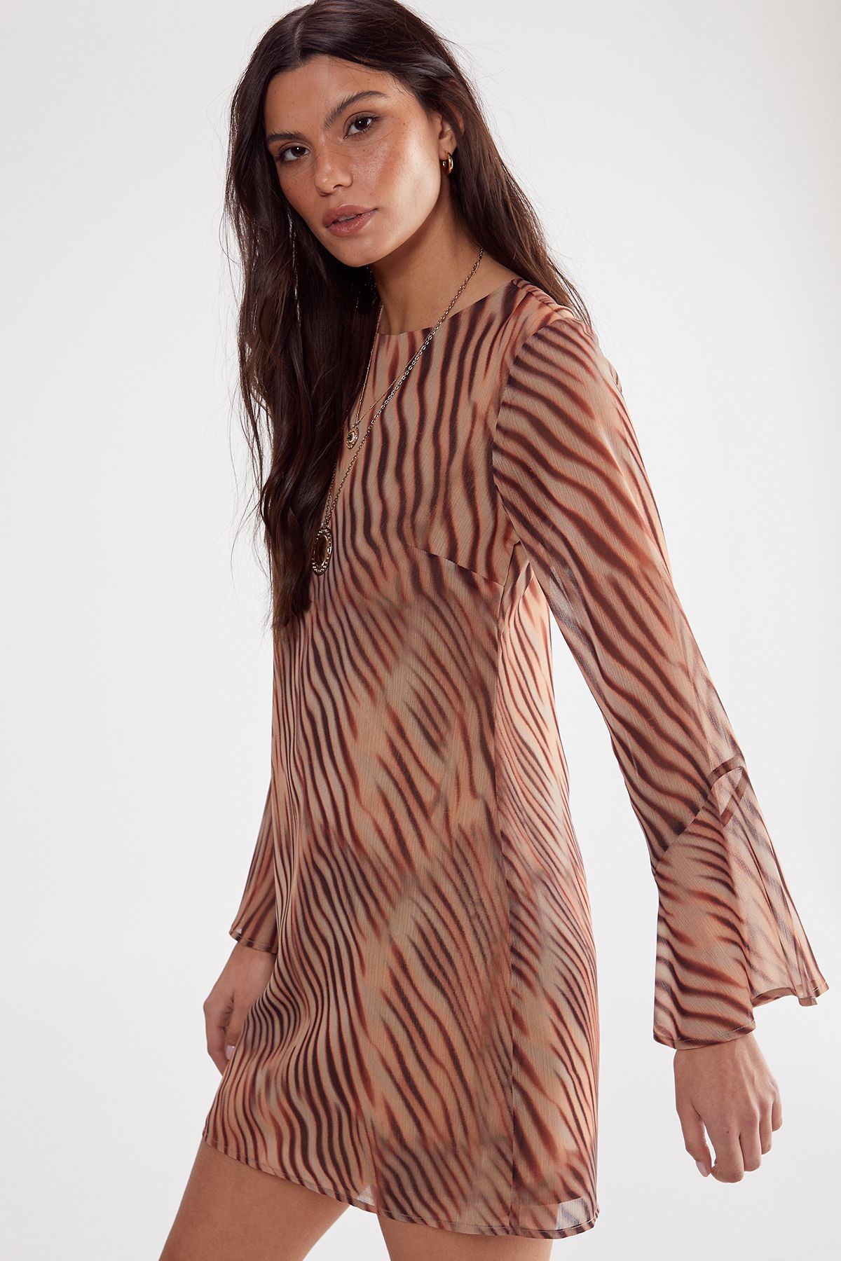 NastyGal Chiffon Blurred Zebra Fluted Sleeve Tunic Dress Orange image 3