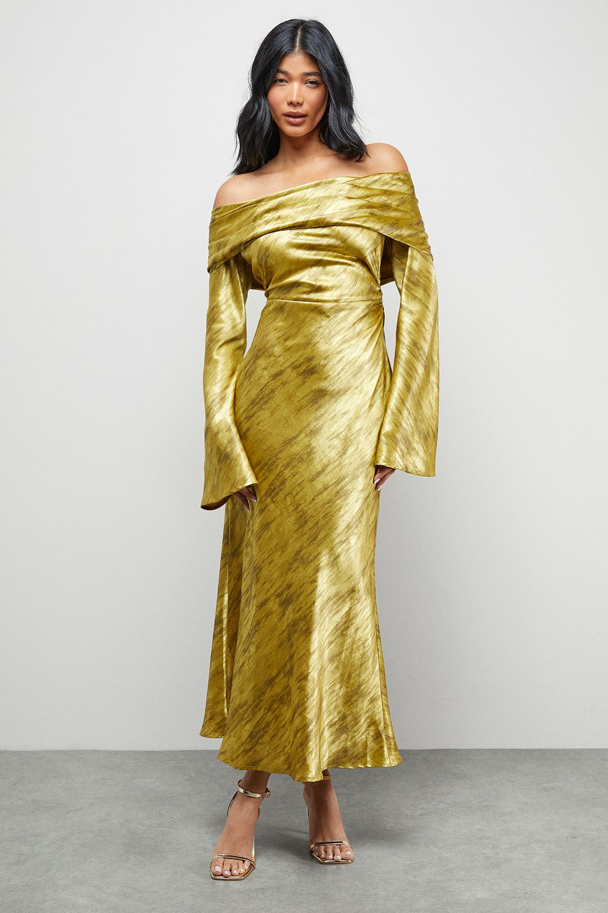 Warehouse Shimmer Satin Foldover Bardot Bias Midi Dress Gold image 4
