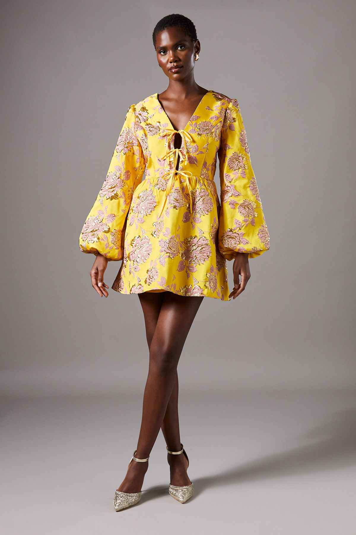 Coast Metallic Jacquard Long Sleeve Mini Dress Yellow image 2