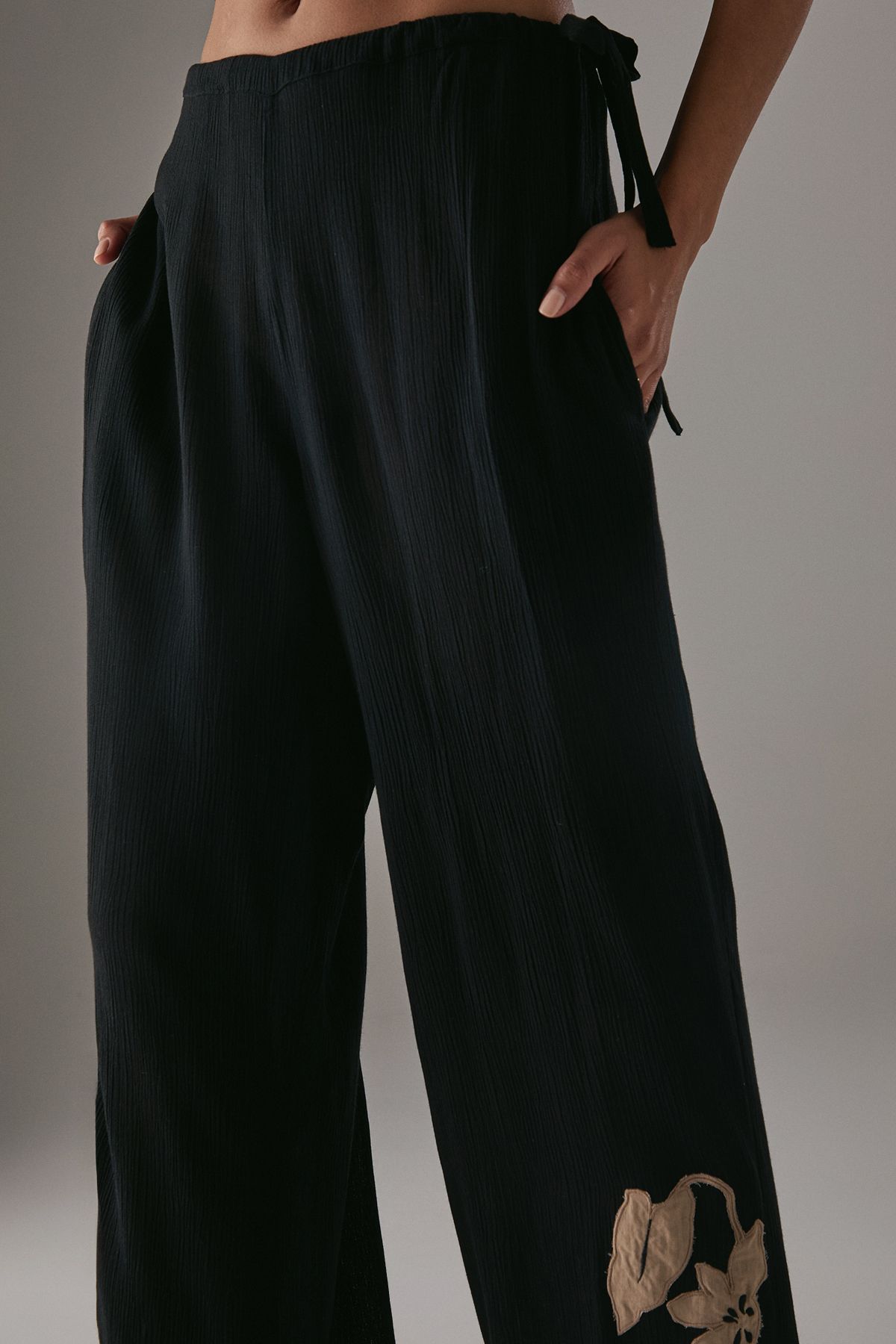 Warehouse HCD Cheesecloth Embroidered Mid Waist Tie Side Trousers Black image 4