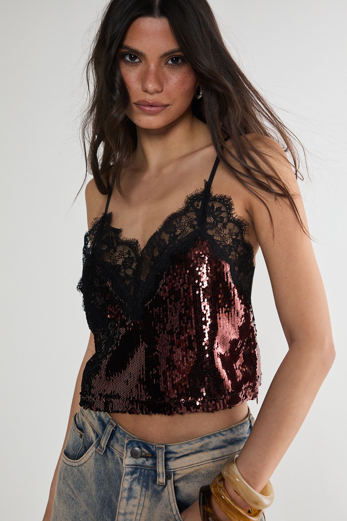 NastyGal Sequin Contrast Lace Trim Cami Top Chocolate