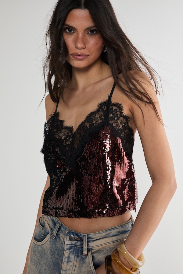 NastyGal Sequin Contrast Lace Trim Cami Top Chocolate