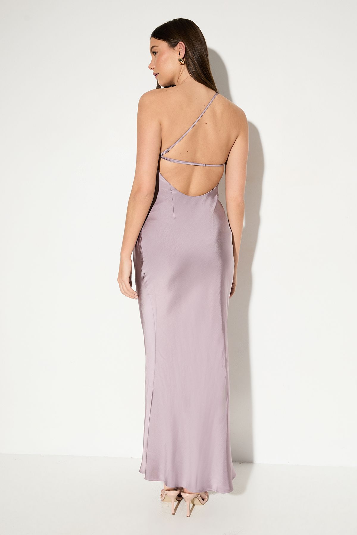 MissPap Satin Asymmetric Strap Pleated Waist Low Back Maxi Bridesmaid Dress Mauve image 3