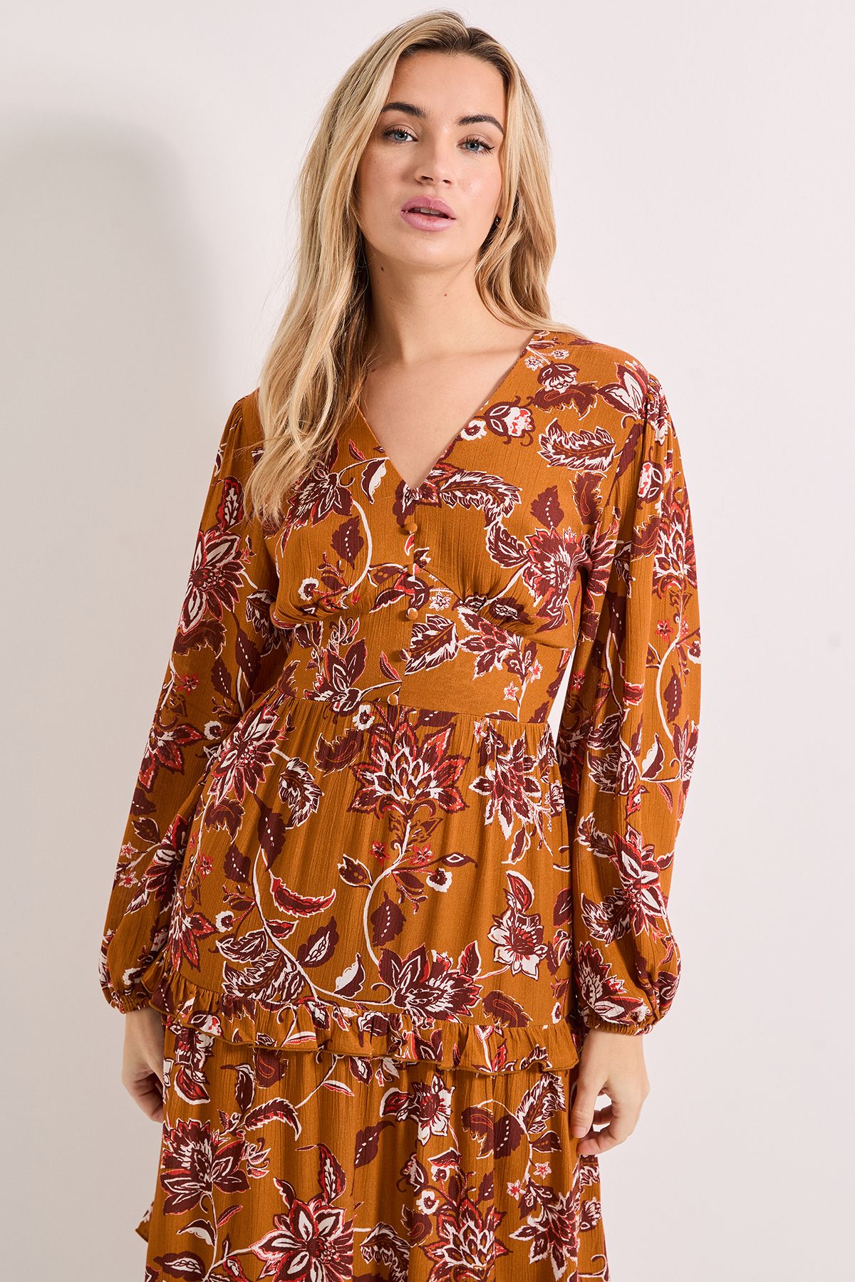 Dorothy Perkins Button Through Blouson Sleeve Tiered Frill Midi Dress Orange image 2