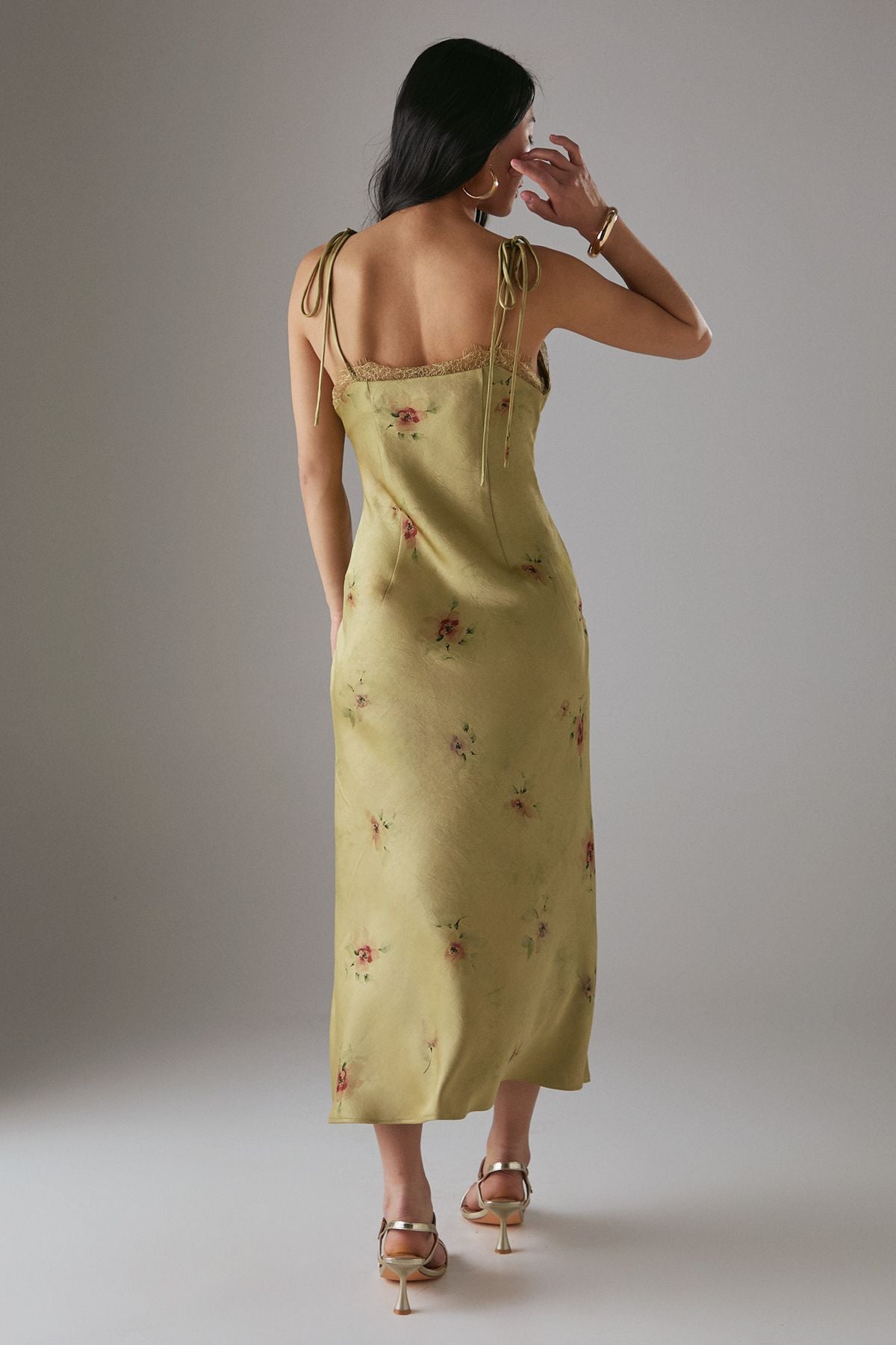 Warehouse Petite Rose Satin Tie Strap Lace Detail Midi Slip Dress Yellow image 3