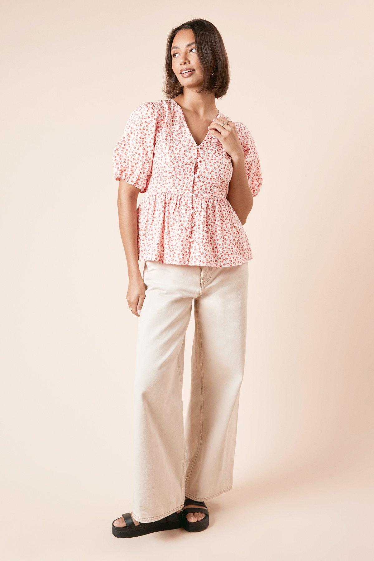 Dorothy Perkins Red Floral Button Up Printed Peplum Top Floral image 2