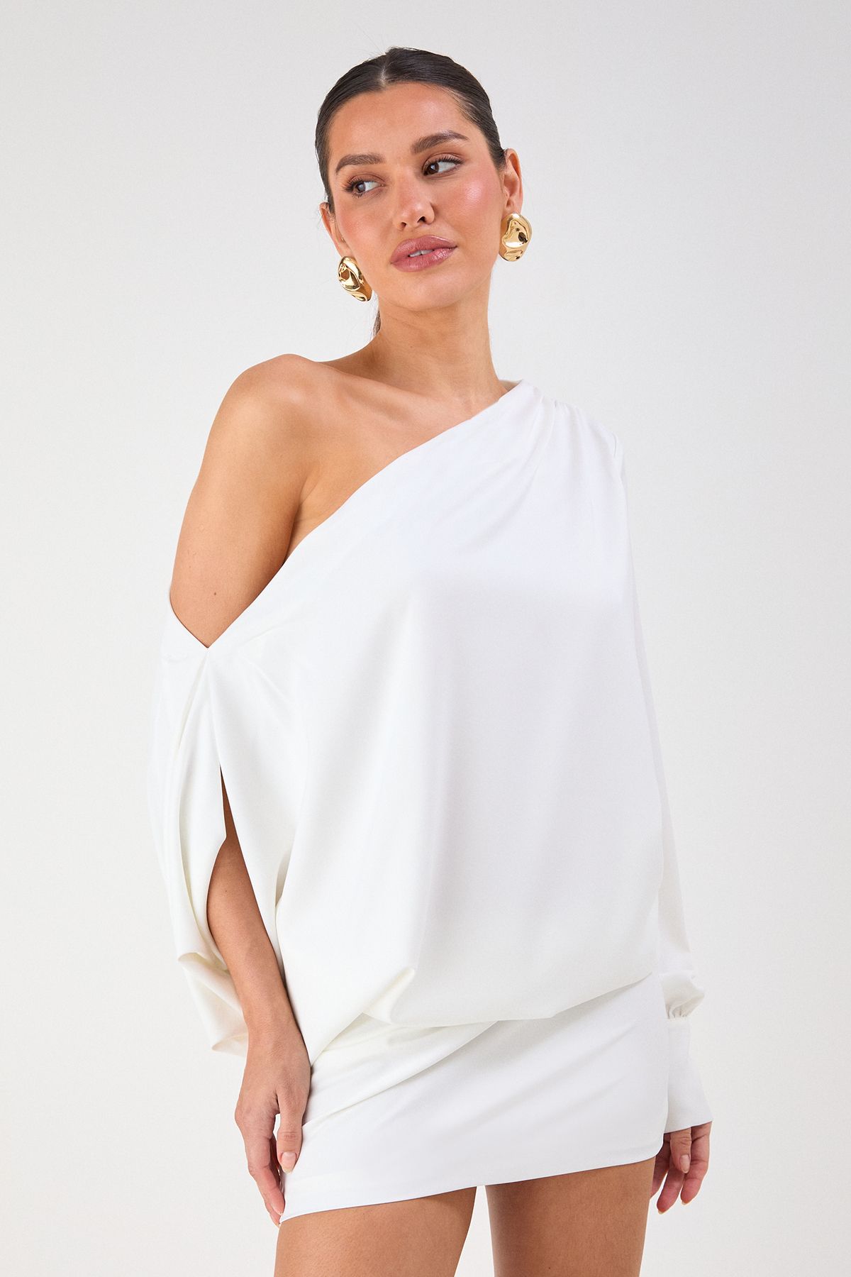 MissPap One Shoulder Satin Mini Dress Ivory image 2