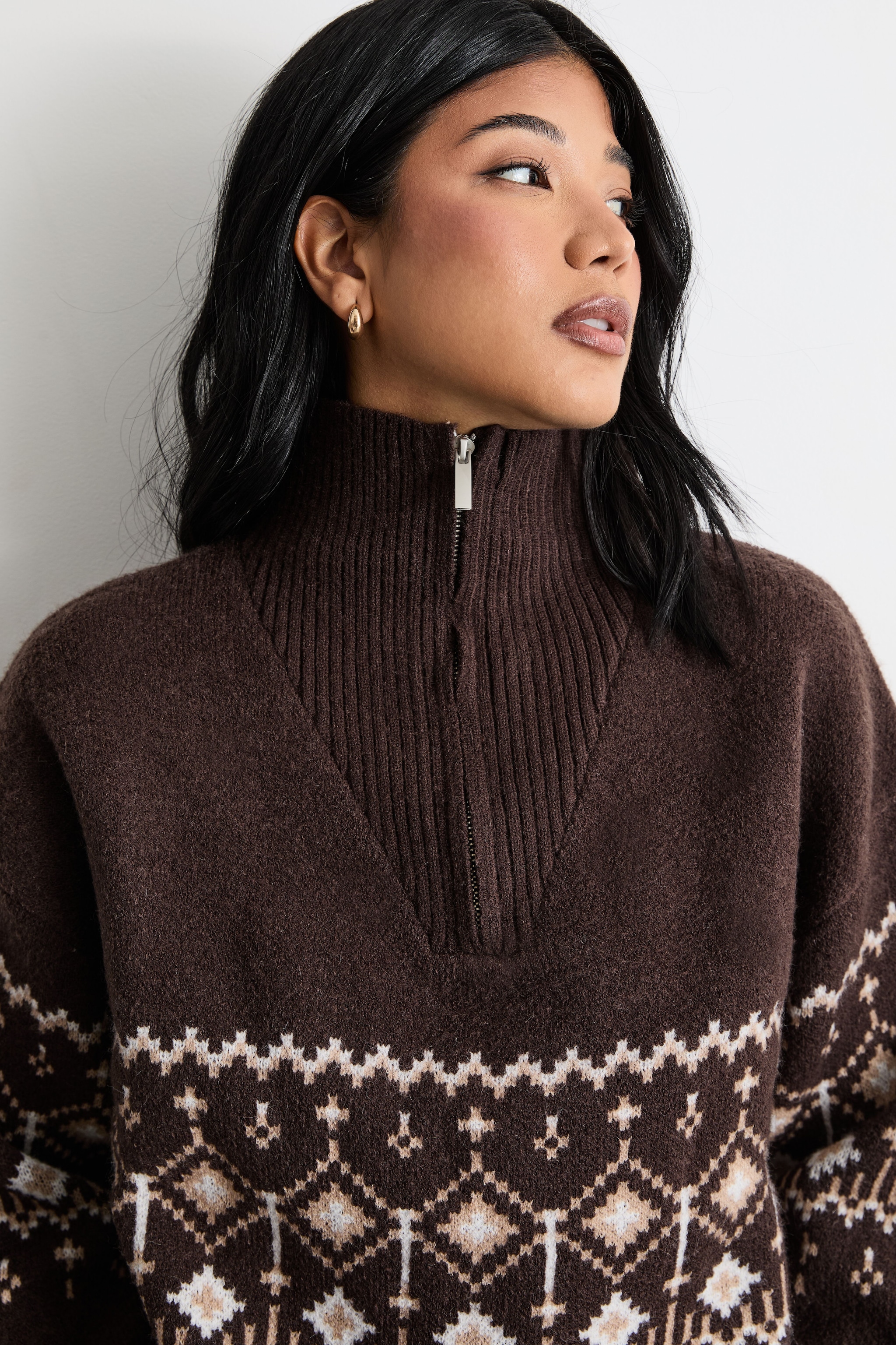 Warehouse Fairisle Half Zip Jumper Chocolate image 2