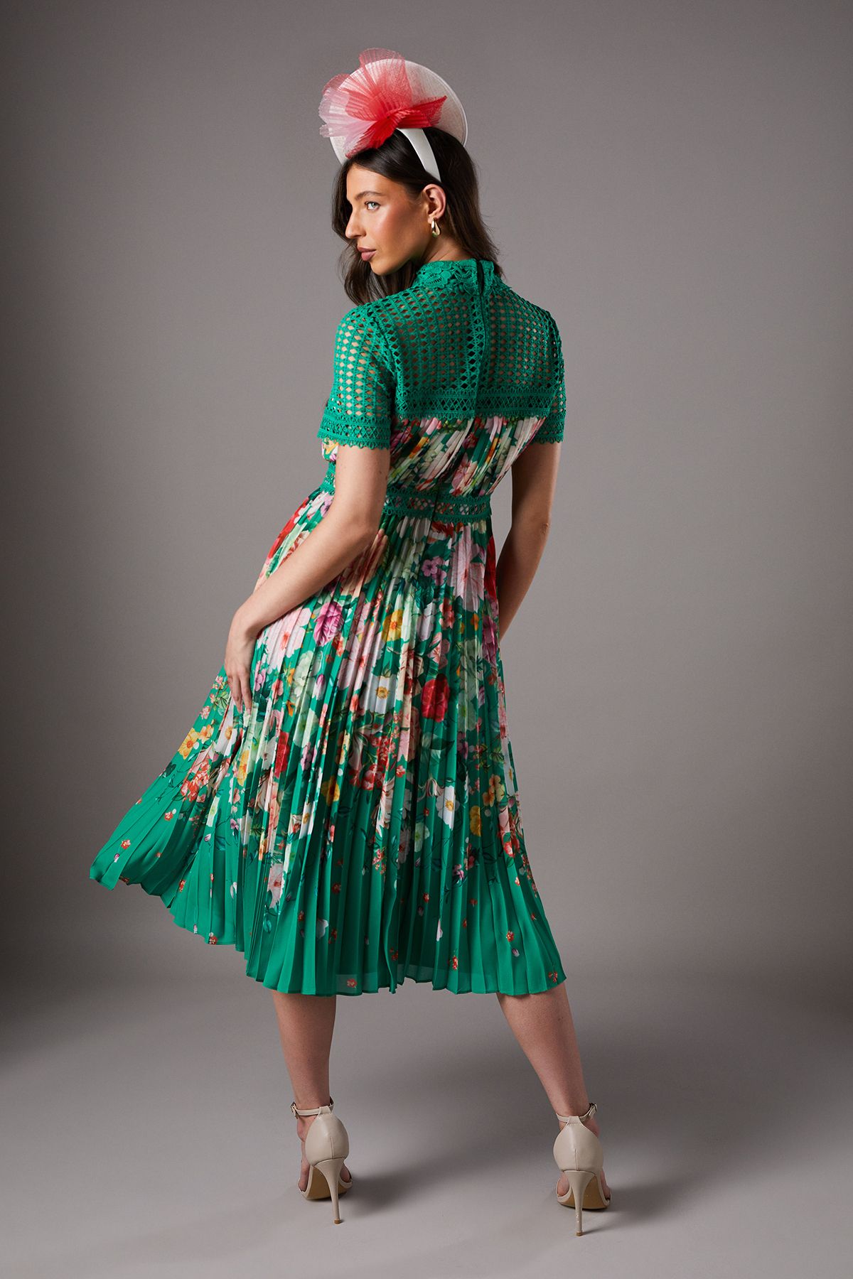 Coast Lisa Tan Lace Pleated Printed Midi Dress Green image 3