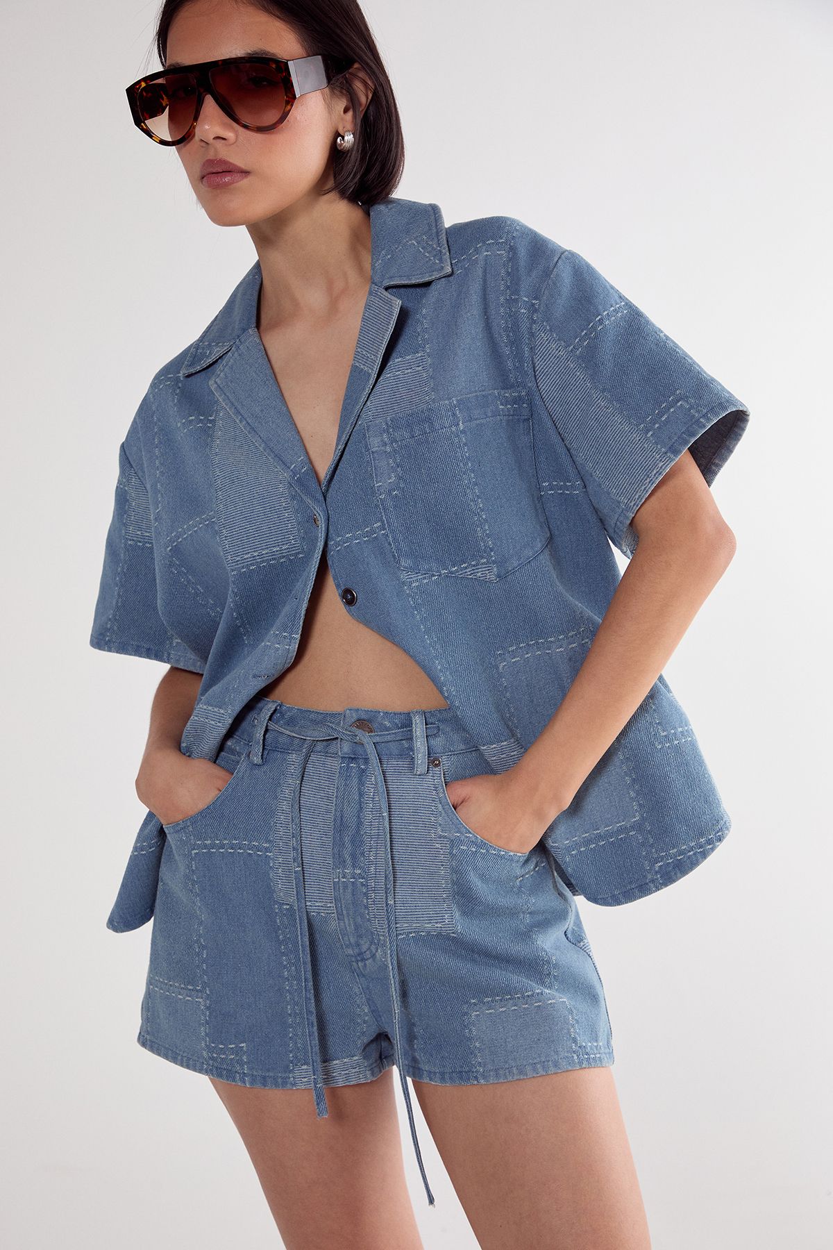 NastyGal Denim Patchwork Contrast Stitch Tie Waist Shorts Mid Blue