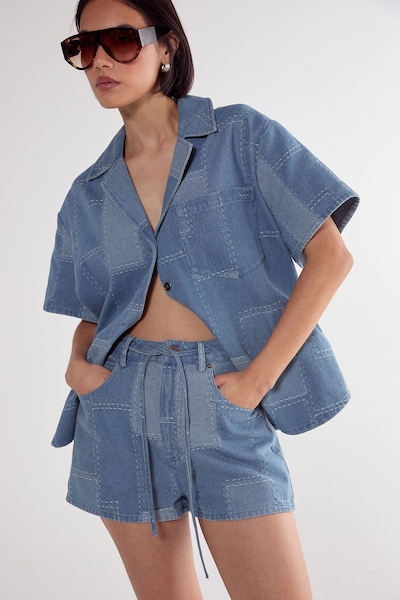NastyGal Denim Patchwork Contrast Stitch Tie Waist Shorts Mid Blue