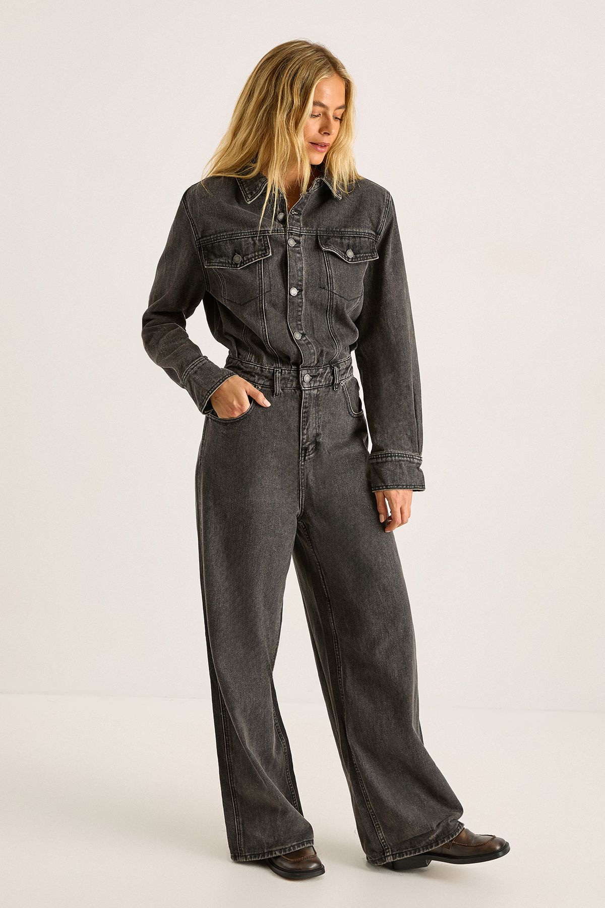 NastyGal Denim Shoulder Pad Boilersuit Washed Black image 1