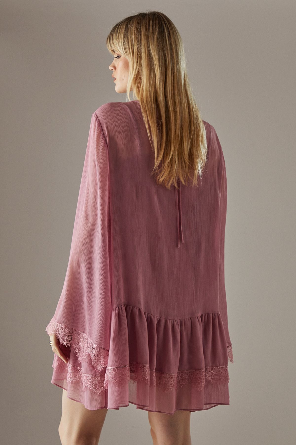 Warehouse Chiffon Lace Flared Sleeve Drop Hem Mini Dress Rose image 3