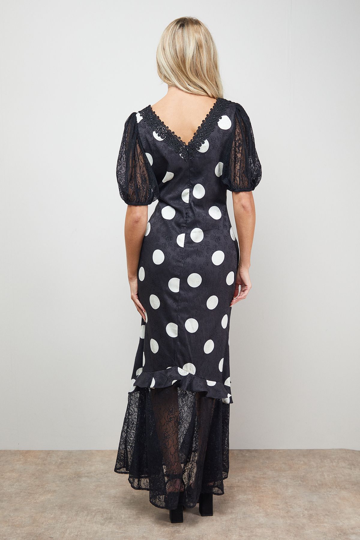 Oasis Polkadot Lace Frill Detail Puff Sleeve Midi Dress Black image 3