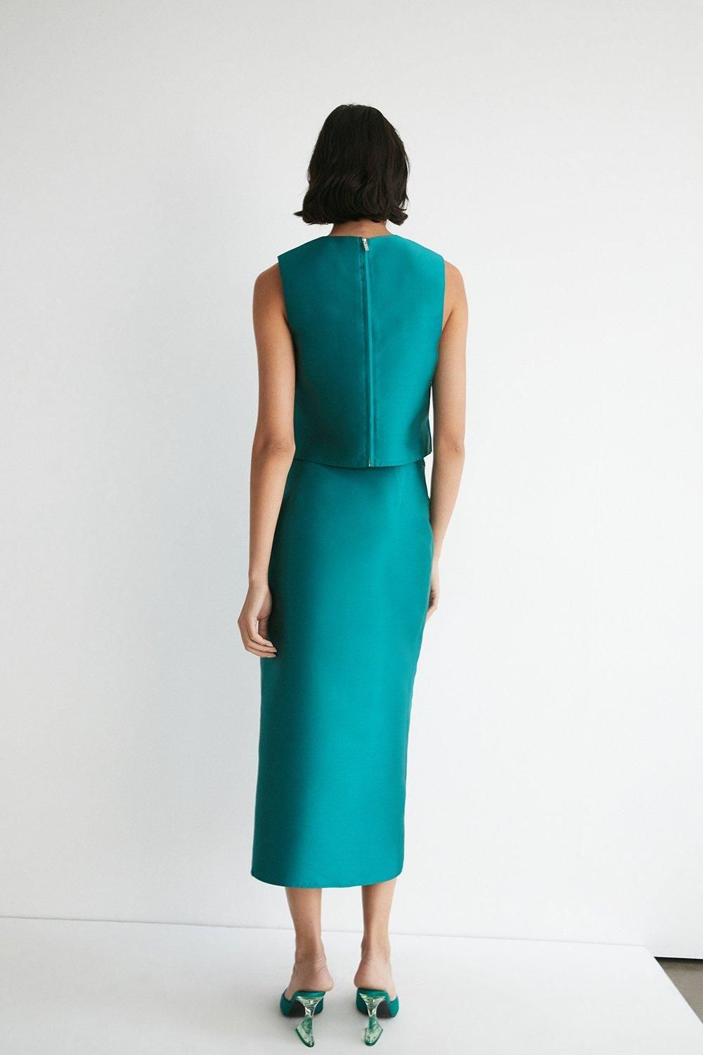 Warehouse Satin Twill Utility Detail Maxi Skirt Green image 3