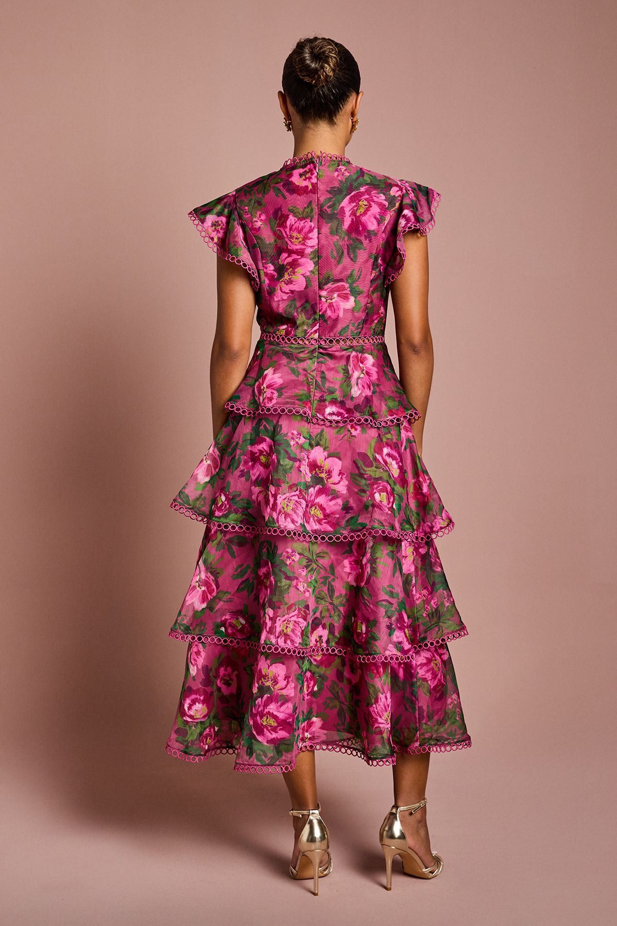 Coast Petite Lace Trim Tiered Organza Midi Dress Blush image 3