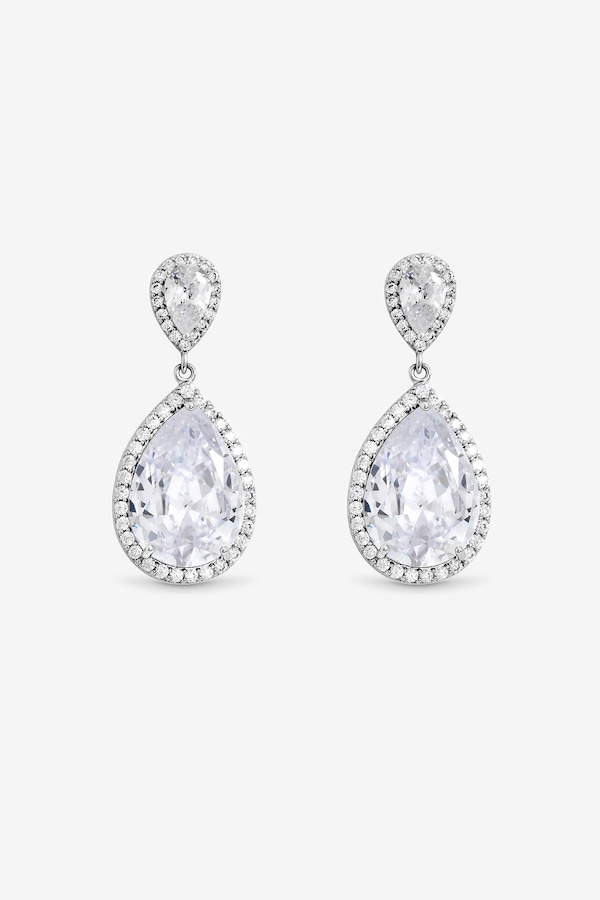 Jon Richard Rhodium Plated Cubic Zirconia Double Pear Drop Earrings