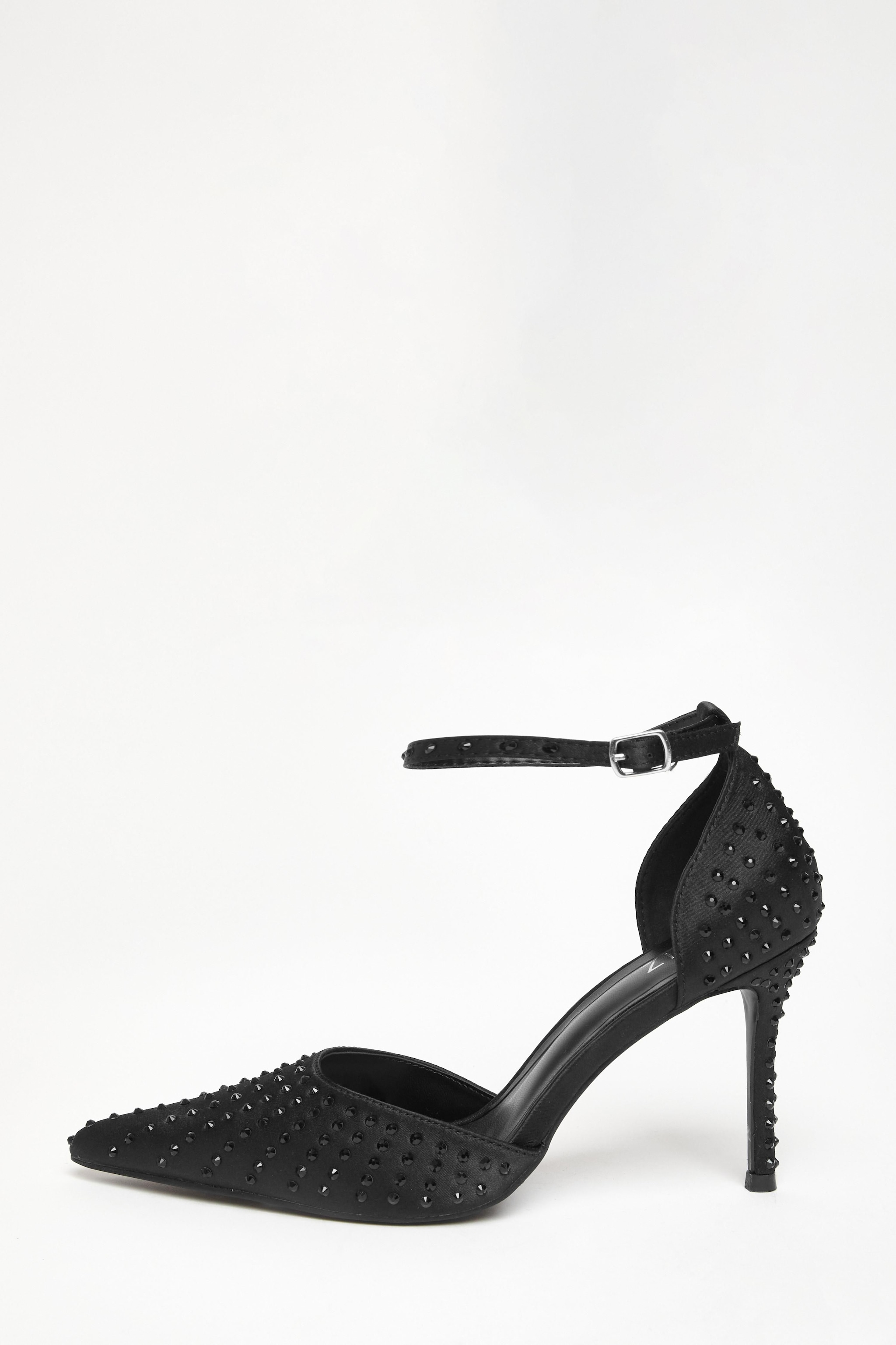 Quiz Black Satin Diamante Court Heels image 3