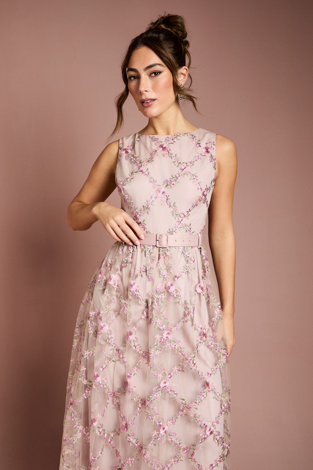 Coast Metallic Floral Embroidered Mesh Midi Dress Blush image 2