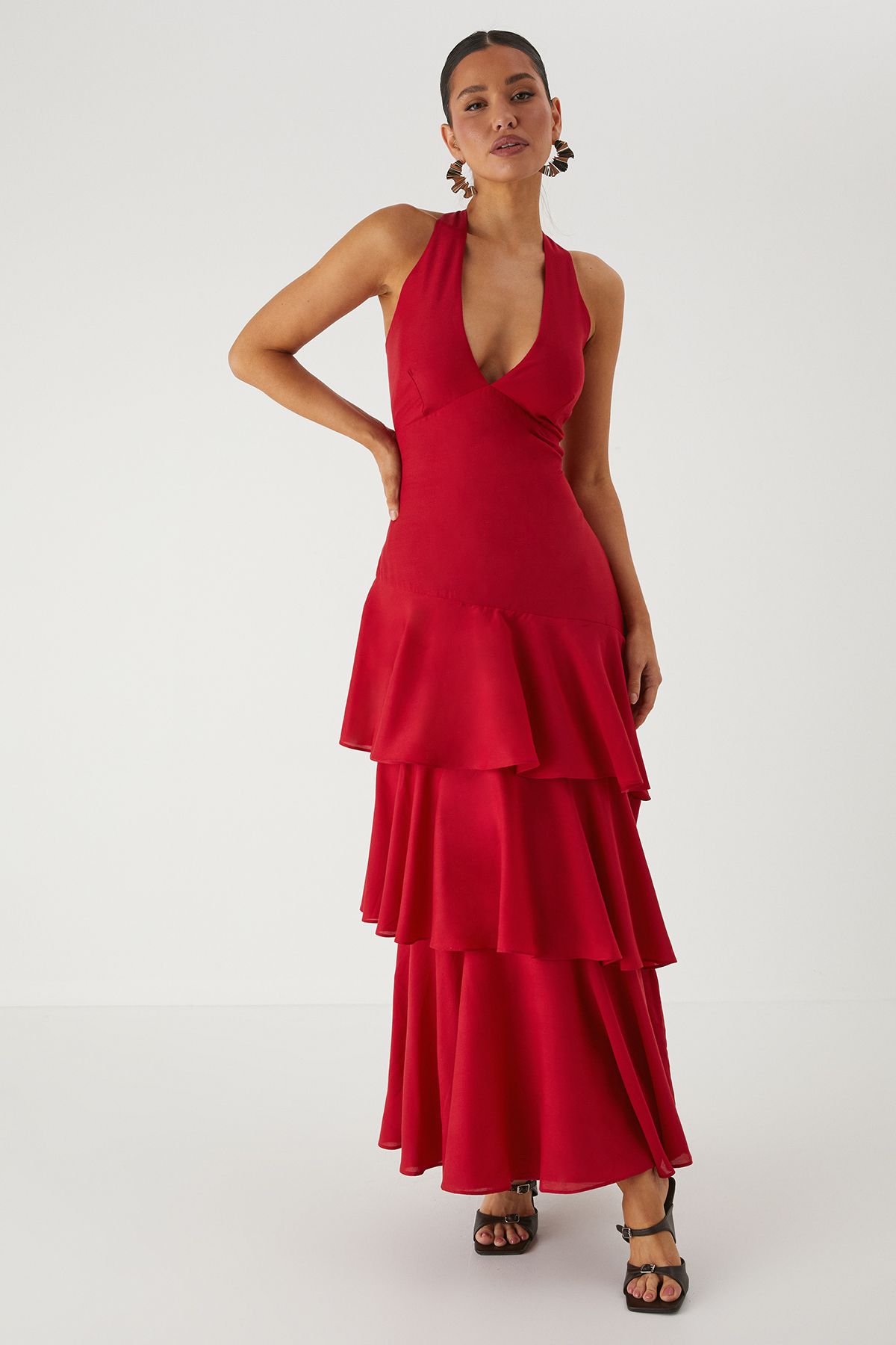 MissPap Tie Back Frill Layered Maxi Dress Red image 4