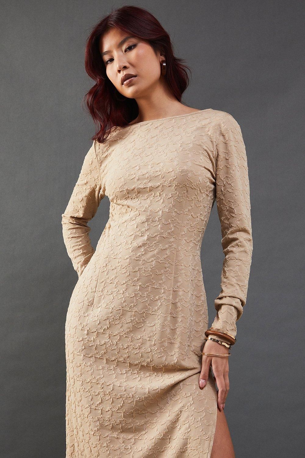 Warehouse Jersey Jacquard Slash Neck Scoop Back Midi Dress Taupe image 4