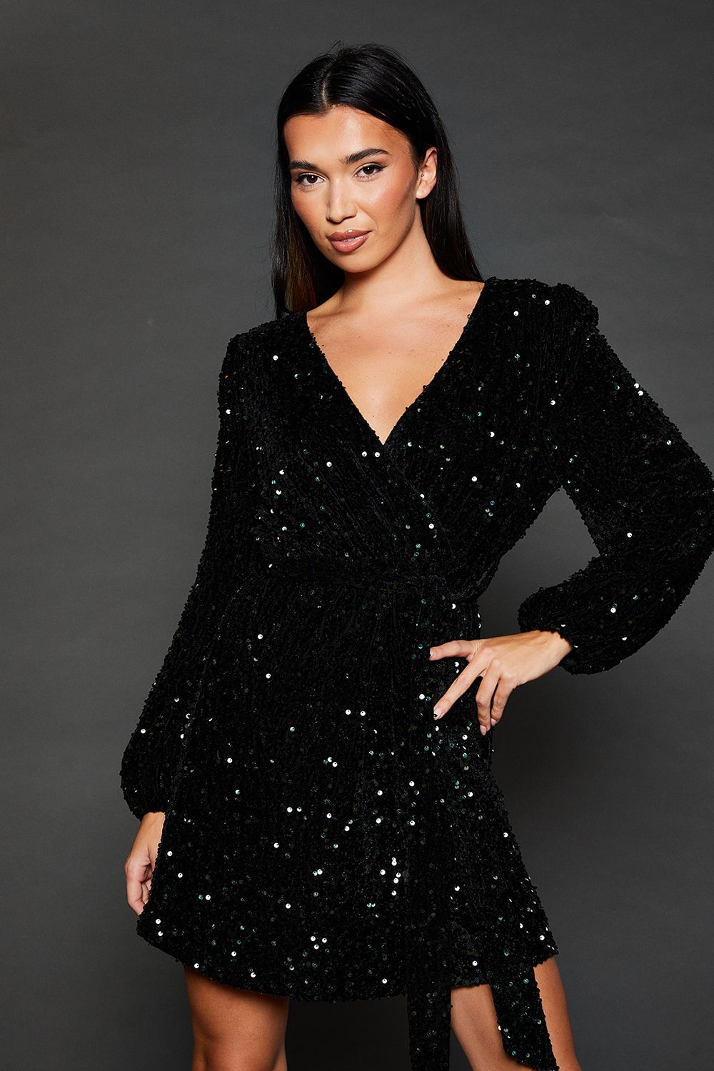 Dorothy Perkins Wrap Velvet Sequin Long Sleeve Mini Dress Green image 3