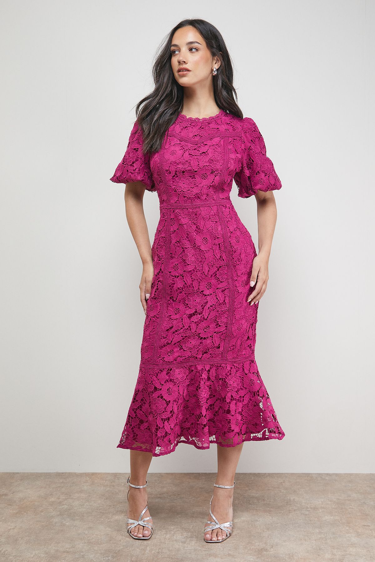Oasis Lace Trim Detail Puff Sleeve Peplum Midi Dress Purple image 1