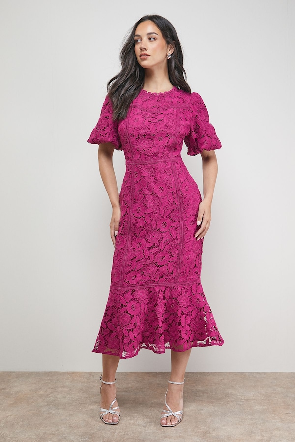 Oasis Lace Trim Detail Puff Sleeve Peplum Midi Dress Purple