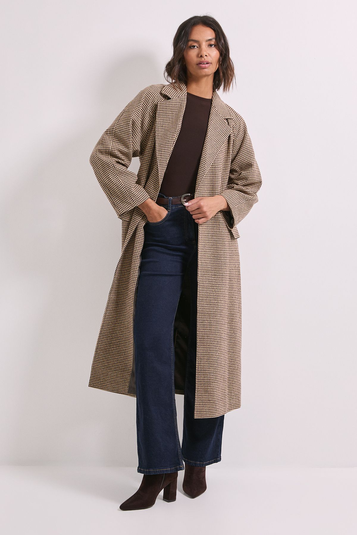 Dorothy Perkins Dogtooth Midi Blazer Coat Chocolate image 1