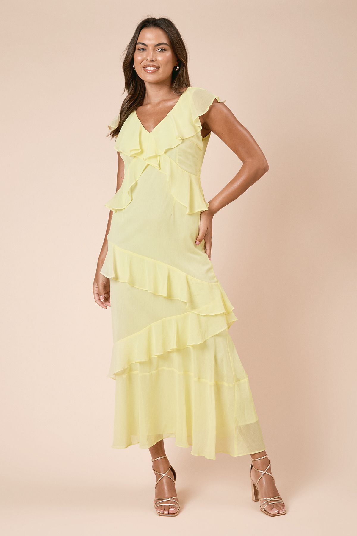 Dorothy Perkins DP Luxe Ruffle Chiffon Midi Dress Lemon image 1