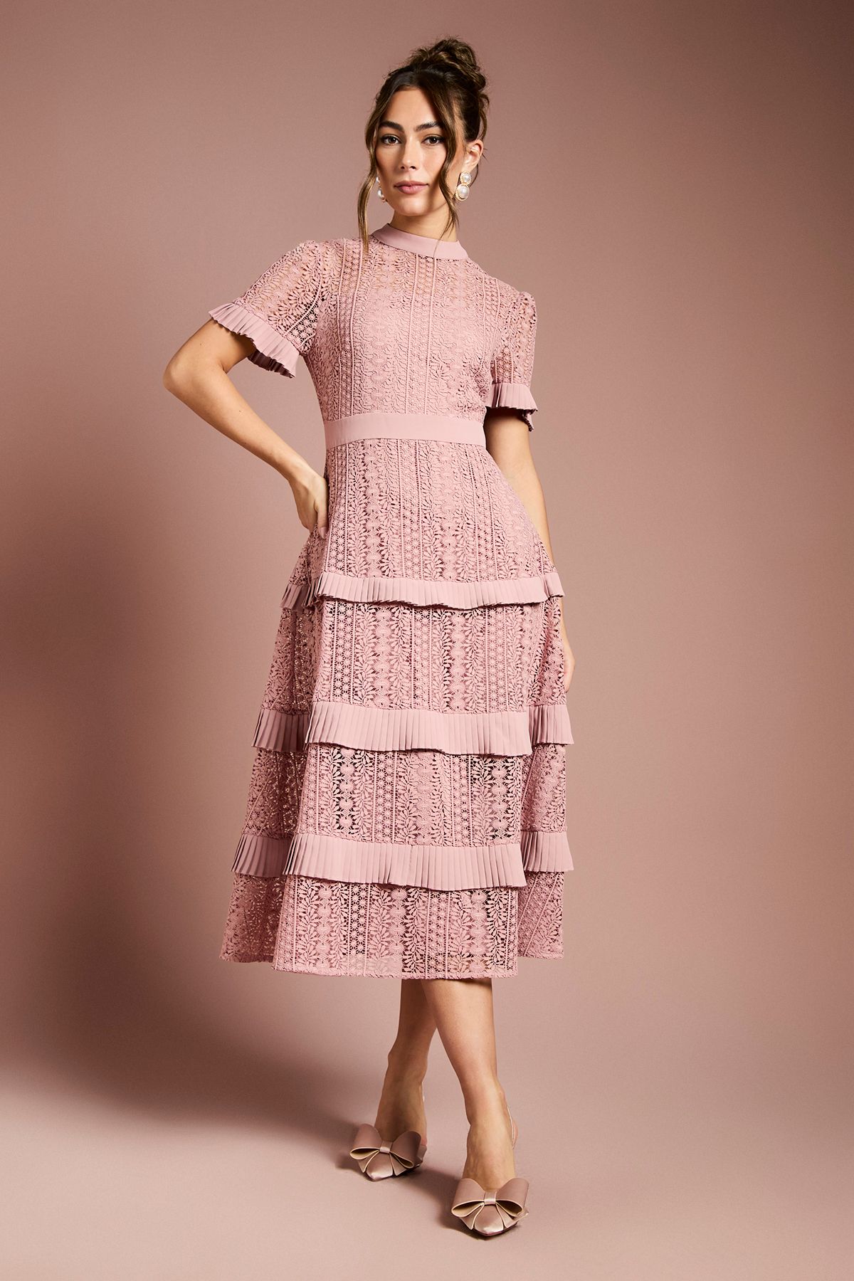 Coast Tiered Lace Short Sleeve Midi Dress Blush image 2