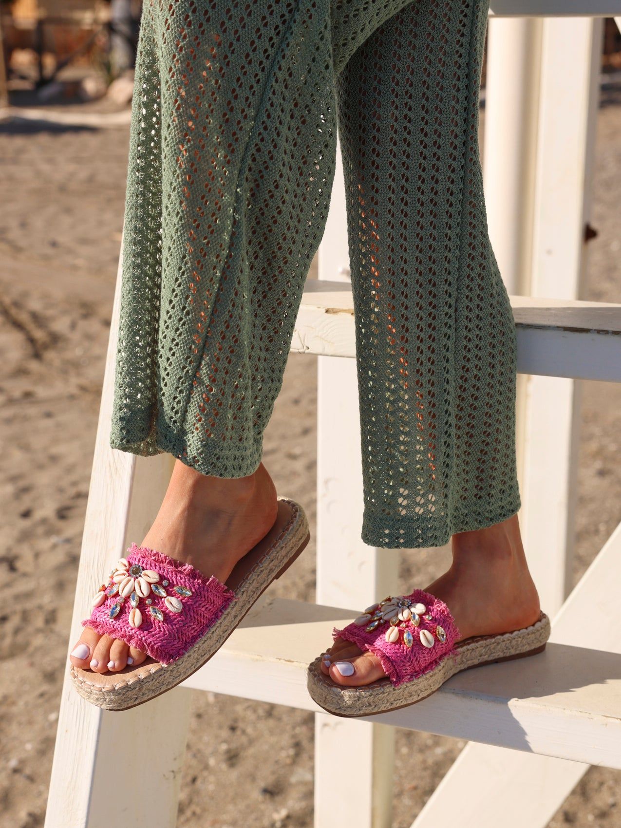 Linzi Seaside Fuchsia Raffia Shell Embellished Flat Slider image 6