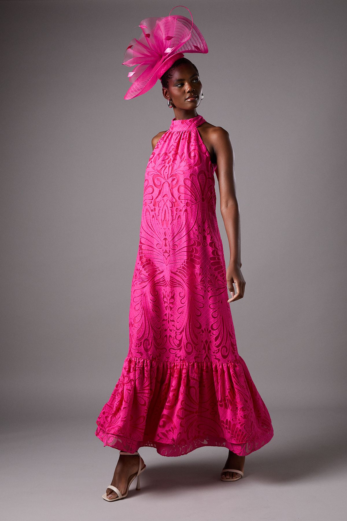 Coast Halter Burnout Jacquard Maxi Holiday Dress Pink image 1