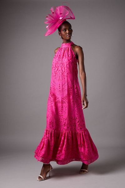 Coast Halter Burnout Jacquard Maxi Holiday Dress Pink