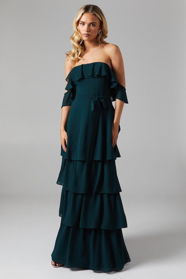 Oasis Petite Bardot Tiered Georgette With Tie Detail Bridesmaids Dress Emerald