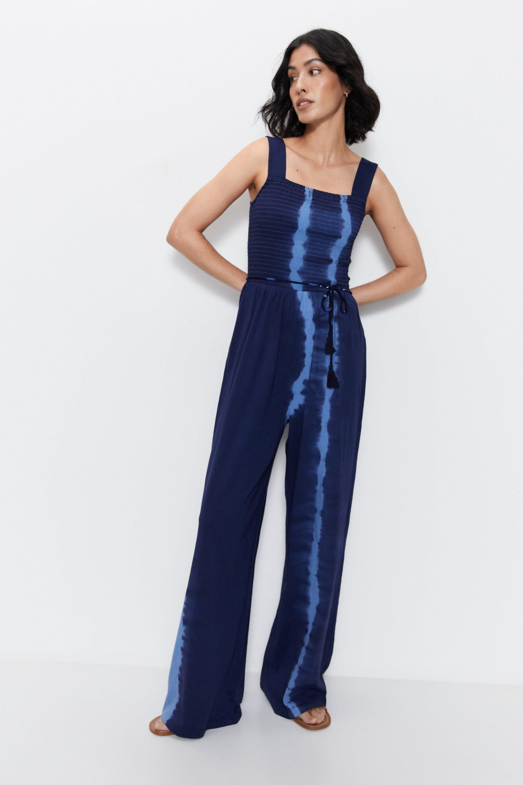 Warehouse Tie Dye Tie Waist Shirred Jumpsuit Blue