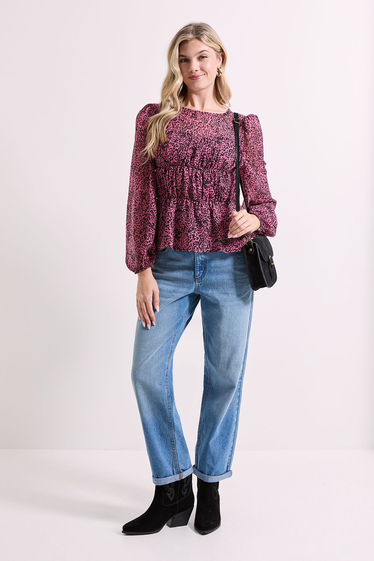 Dorothy Perkins Animal Sheer Yoke Printed Chiffon Shirred Top Animal image 1