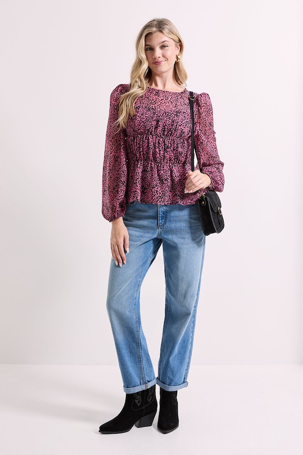 Dorothy Perkins Animal Sheer Yoke Printed Chiffon Shirred Top Animal