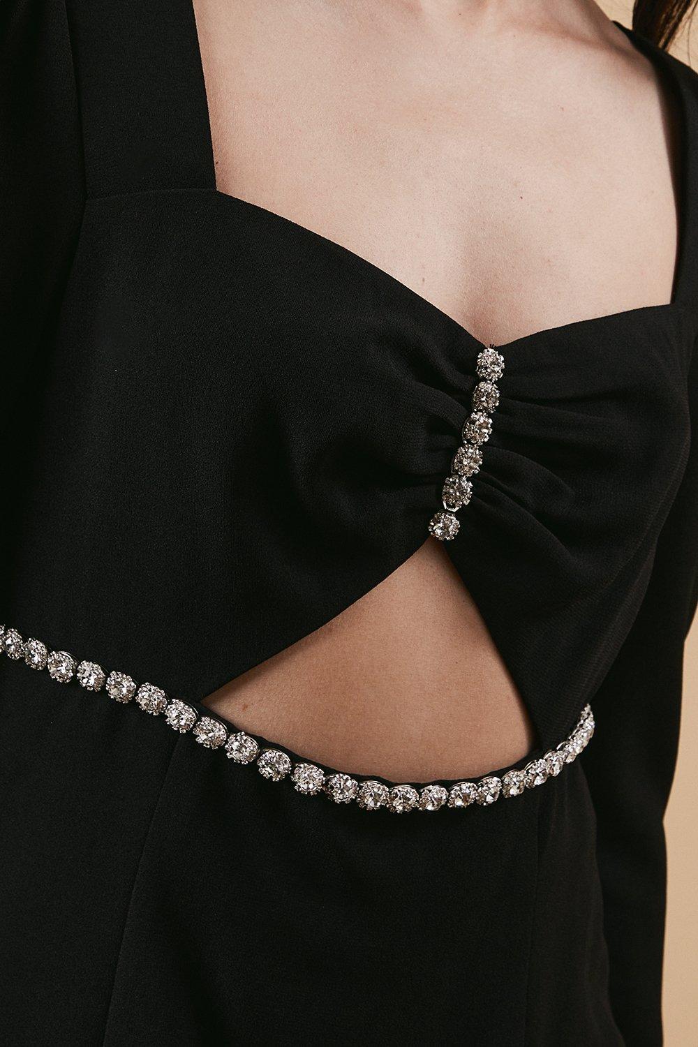 Oasis Petite Occasion Crepe Diamante Trim Cut Out Mini Dress Black image 5