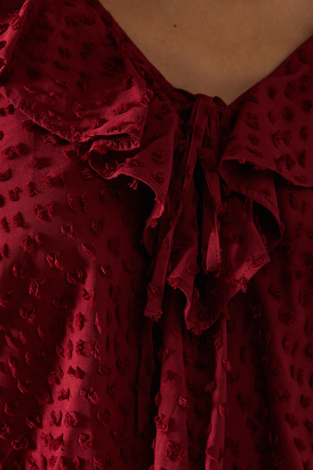 Warehouse Tufted Dobby Ruffle Neck Tie Front Blouse Dark Red image 5