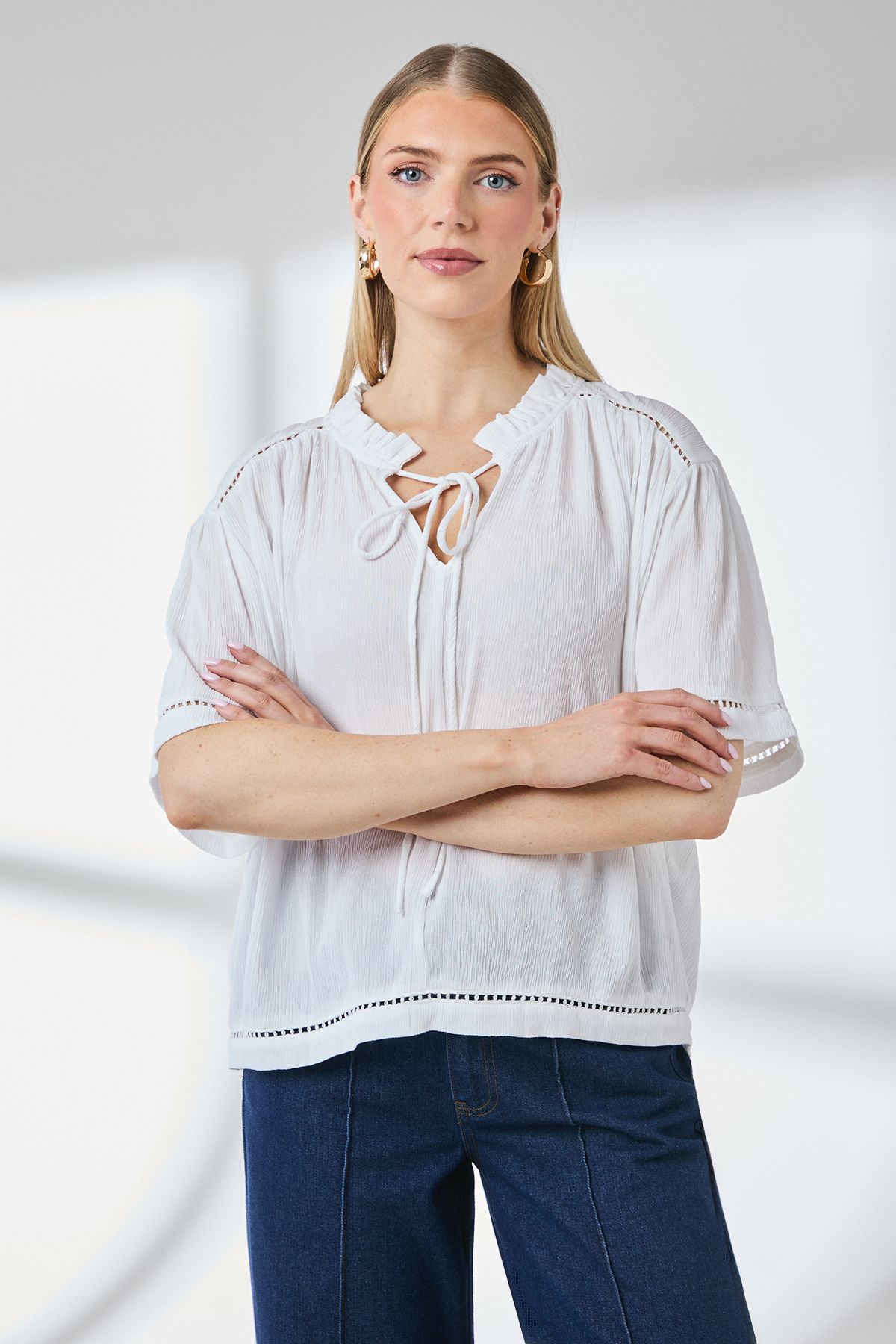 Principles Ladder Trim Tie Front Blouse White