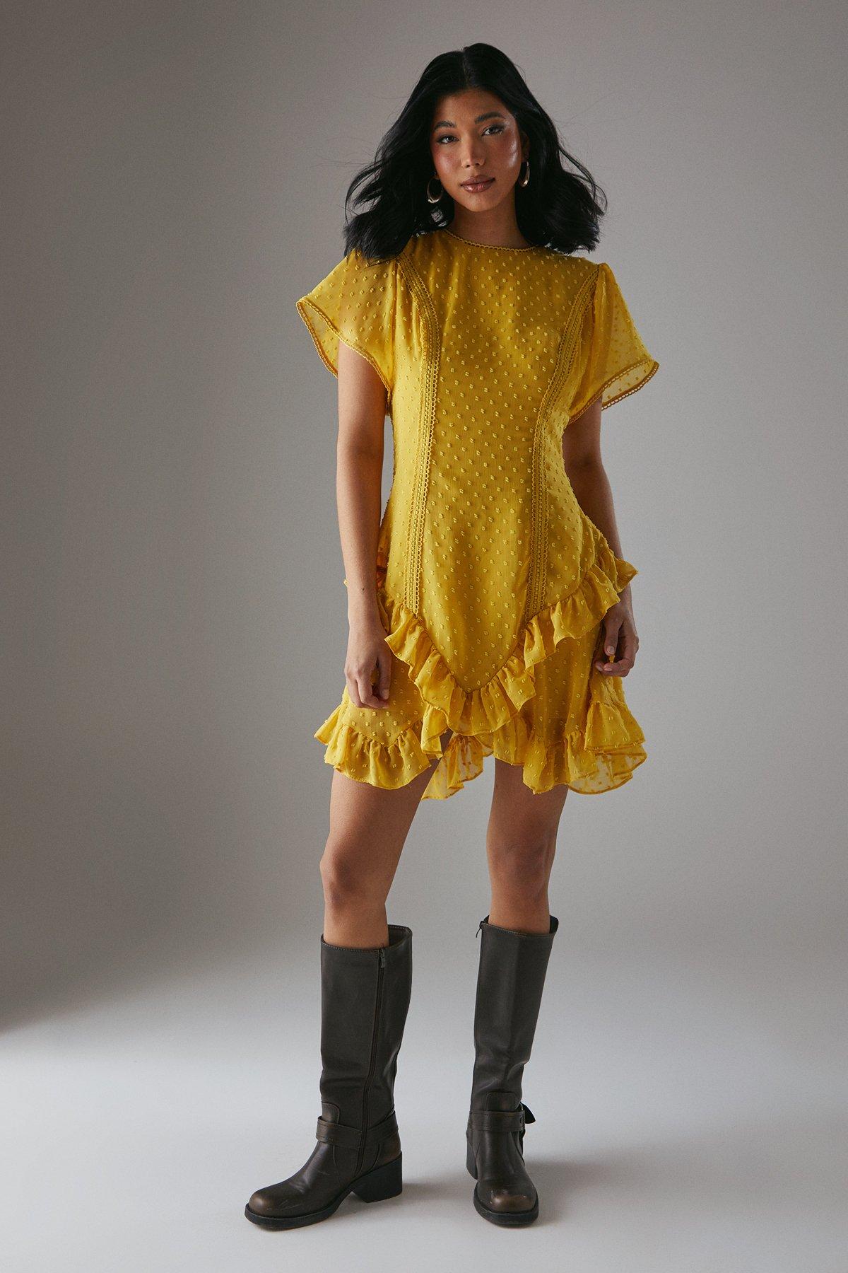 Warehouse HCD Dobby Chiffon Lace Trim Ruffle Mini Dress Mustard image 1