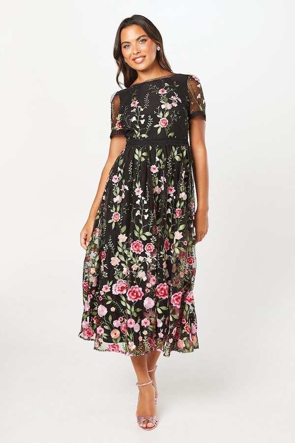 Coast Lace Trim Detail Embroidered Mesh Midi Dress Black