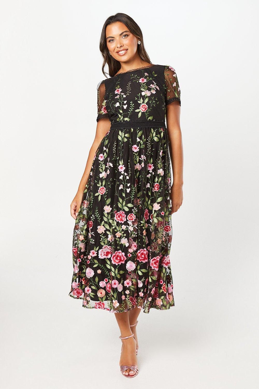 Coast Lace Trim Detail Embroidered Mesh Midi Dress Black image 1