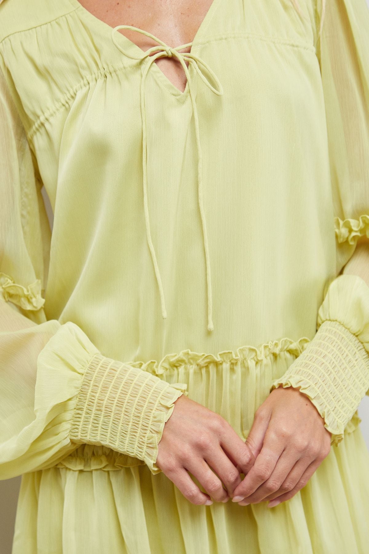 Oasis Plain Chiffon Shirred Front Tie Neck Mini Dress Olive image 5