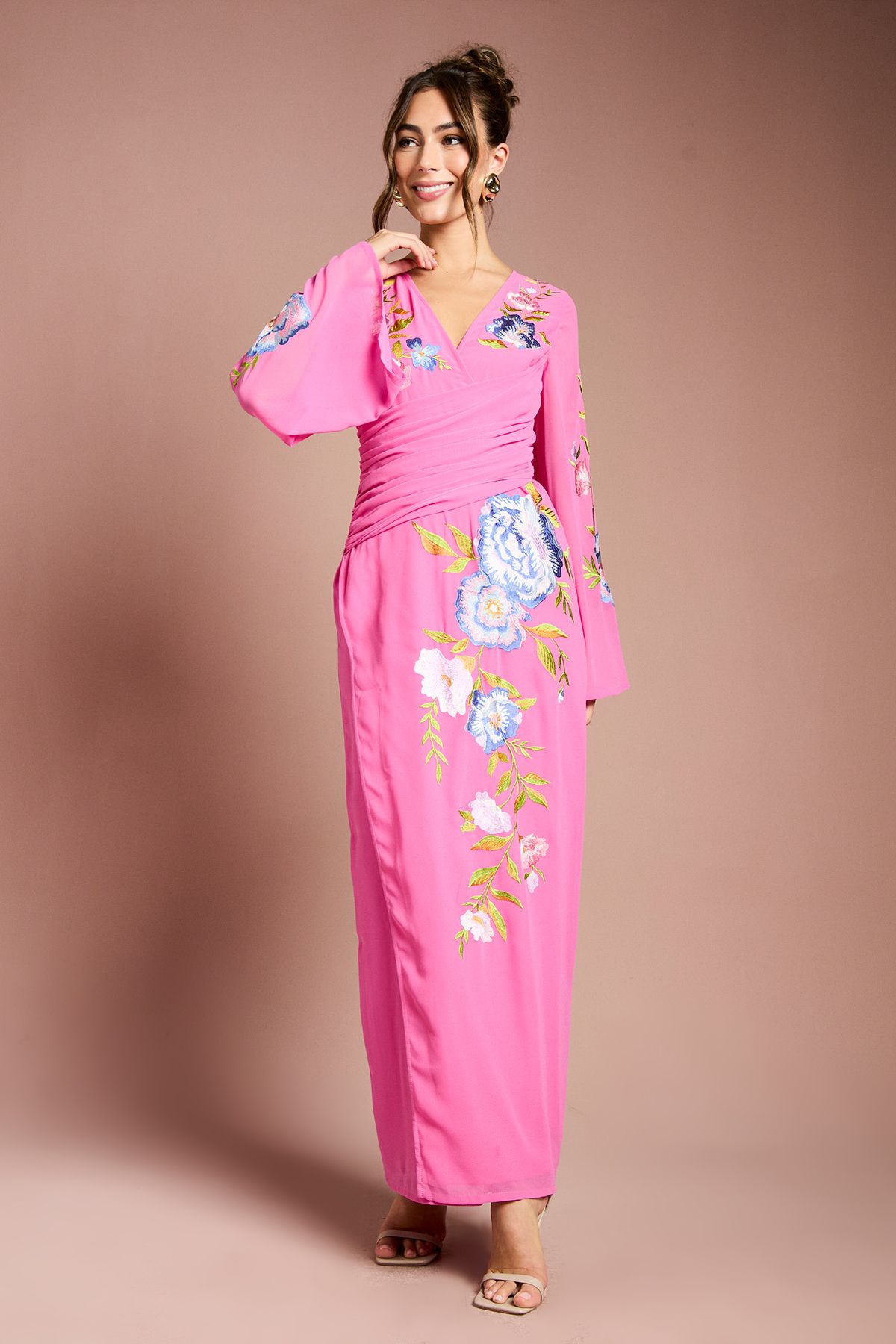 Coast Embroidered V Neck Wrap Midi Dress Hot Pink image 1
