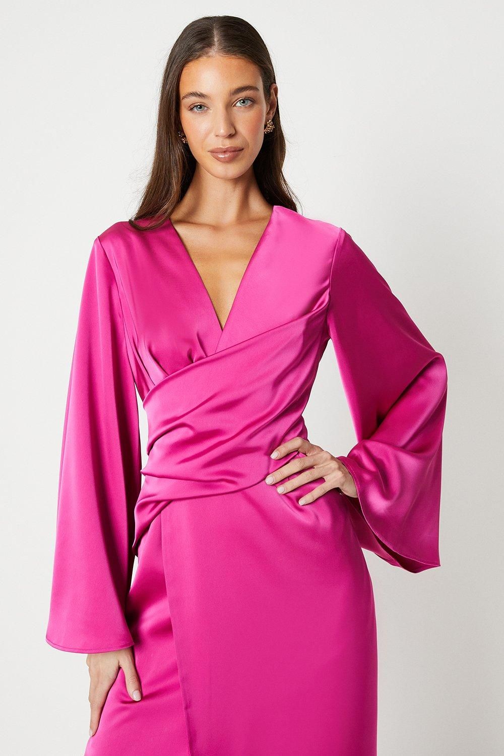Coast Satin Wrap Dress With Flare Sleeve Berry image 4